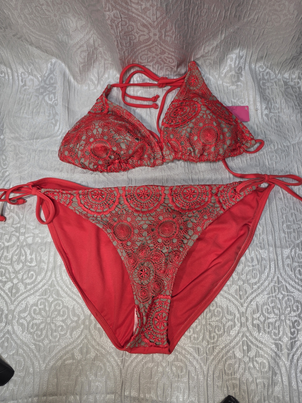 Red Crochet Triangle Bikini Set